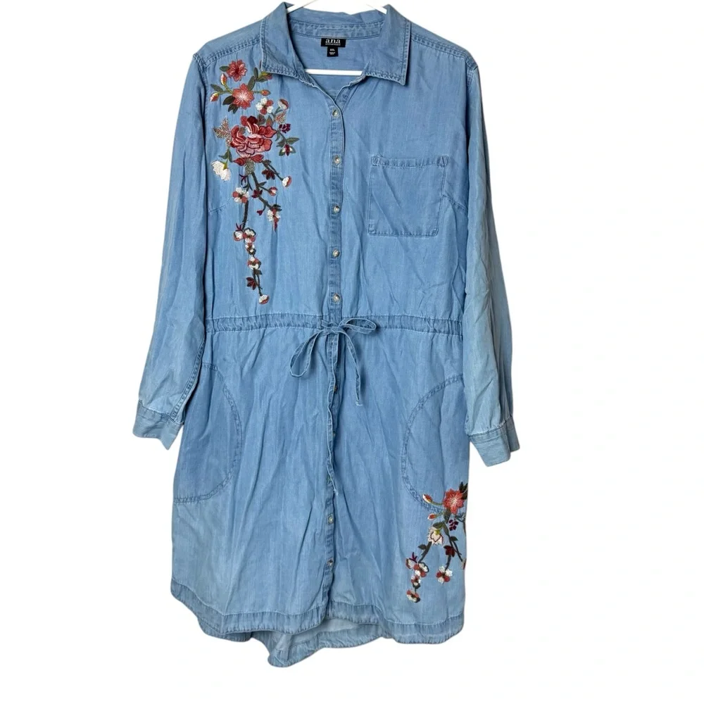 ana Embroidered Chambray Dress Long Sleeve Button Down Waist Tie Size XXL - Picture 1 of 8